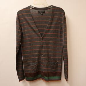 Twenty One Men Tunic Sweater Women SP Gray Orange Green Stripe Two Front Pocket